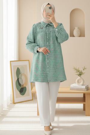 Striped Shirt with Stone and Bead Detail on Top -Green