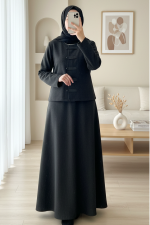 Deri Detaylı Önü Düğmeli Etekli Selanik Takım -Antrasit