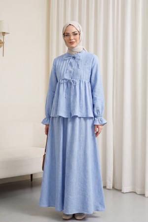 Yarım Düğmeli Kolu Lastikli Önü Bağlamalı Etekli Keten Takım -Mavi