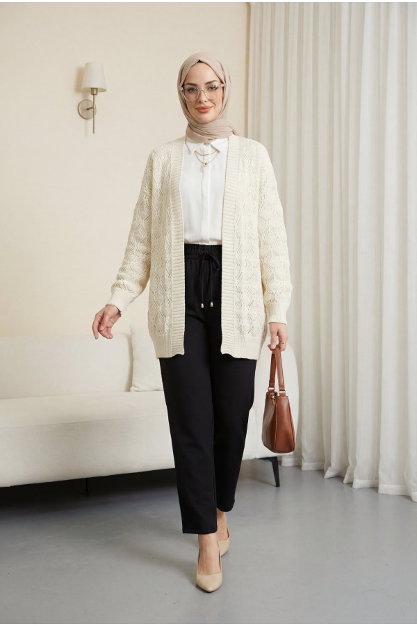 Patterned Mid-Length Knitted Cardigan -Cream color