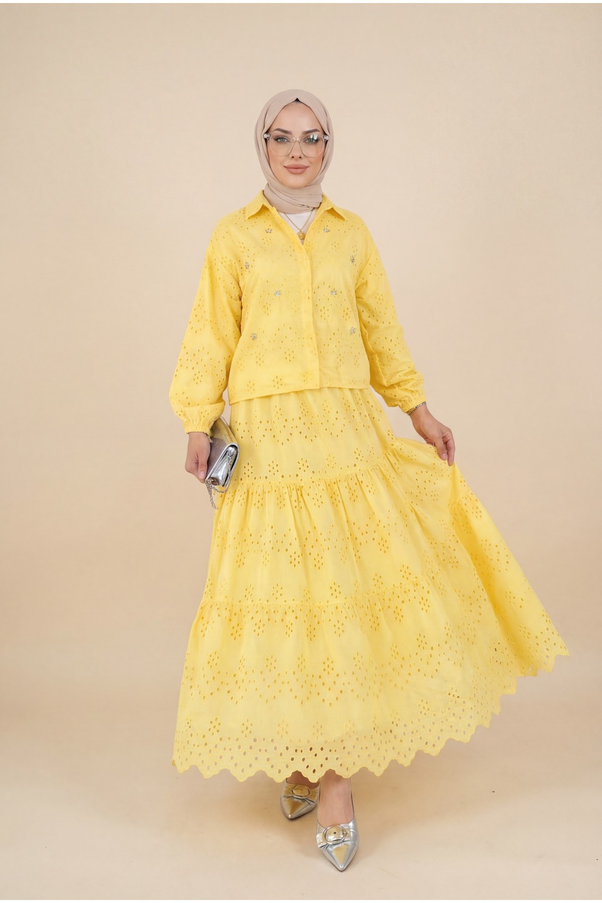 Skirted Suit with Scallop Detail -Yellow