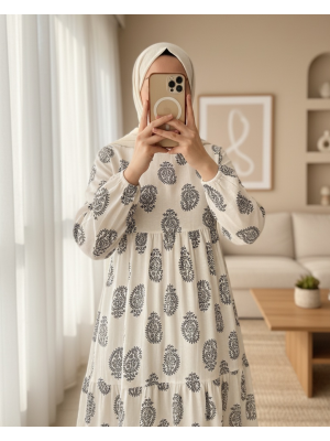 Parçalı Kolu Lastikli Keten Elbise -Siyah