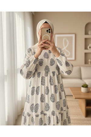 Parçalı Kolu Lastikli Keten Elbise -Siyah