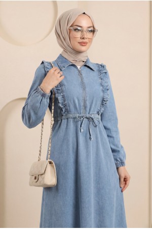 Yarım Fermuarlı Tünel Bağcıklı Kot Elbise -Buz Mavi