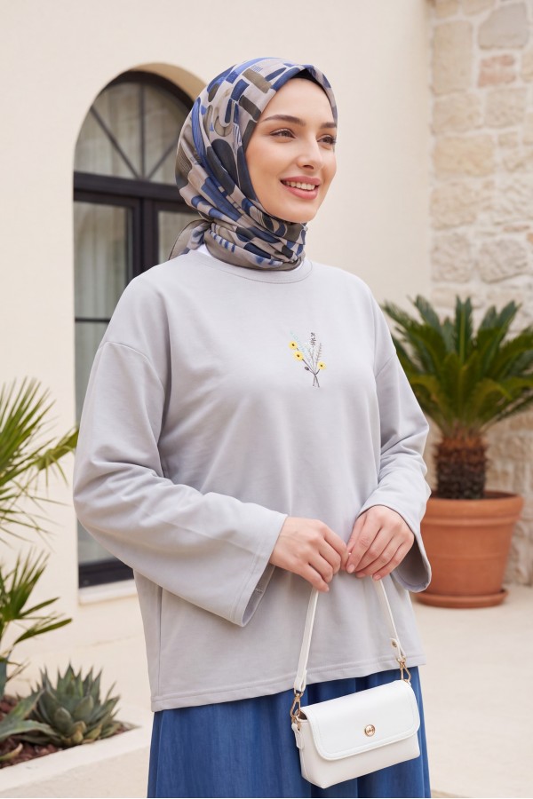 Round Neck Loose Fit Jersey Blouse with Floral Embroidery on the Front    -Grey