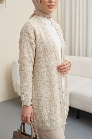 Kare Desenli Ajurlu Salaş Triko Hırka -Taş