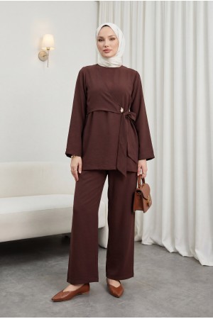 Beli Çapraz Bağlamalı Pantolonlu Modal Takım  -K. Kahve