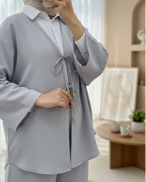Kimono Set with Double Front Tie and Trousers    -Grey