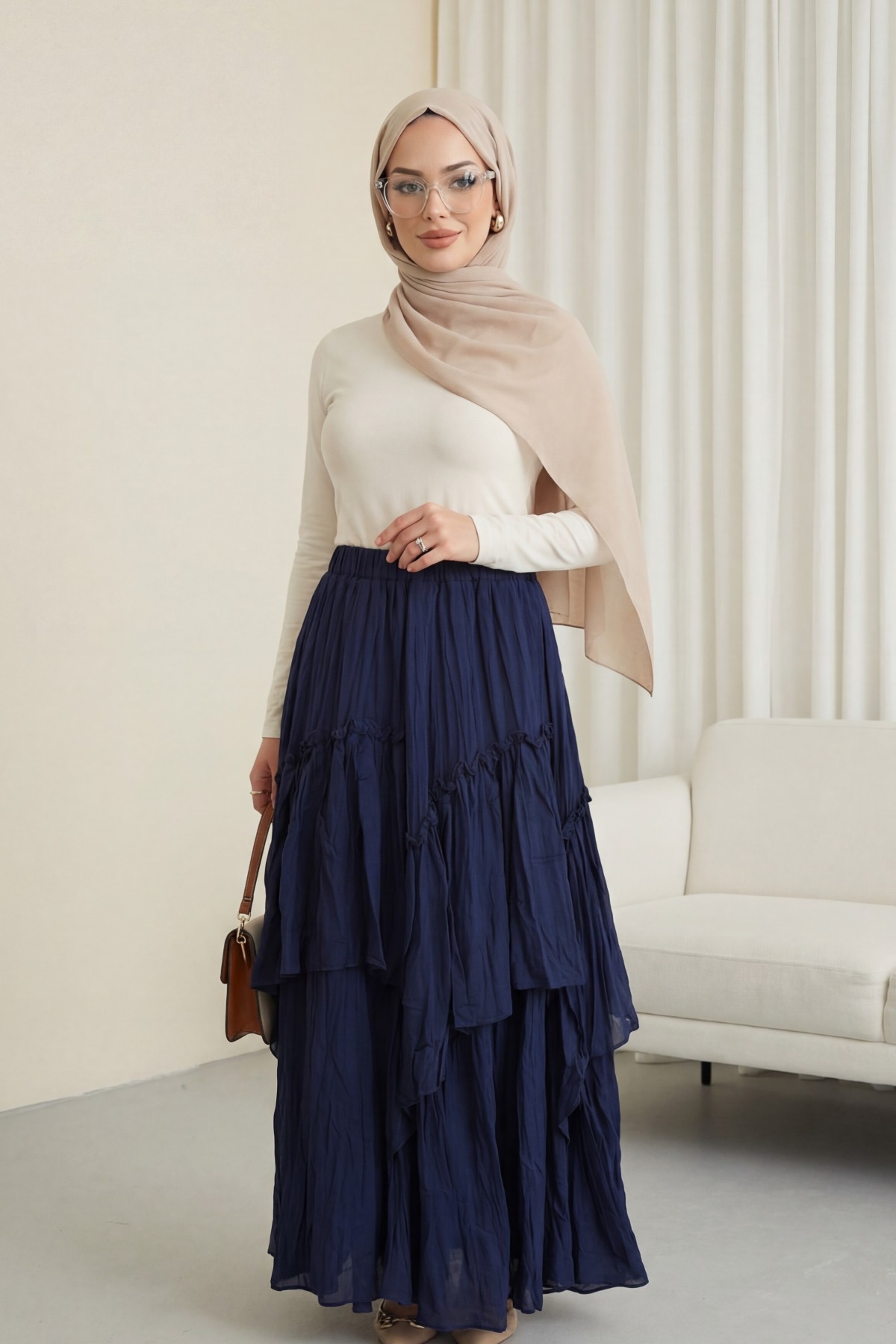 Elasticated Waist Linen Voile Layered Skirt -Navy blue