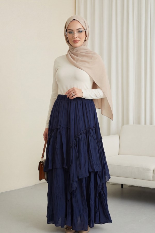 Elasticated Waist Linen Voile Layered Skirt -Navy blue