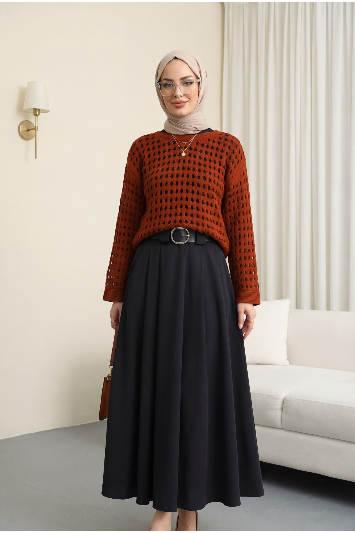 Boat Neck Openwork Knit Sweater  -Brick color