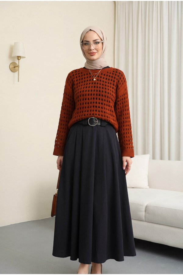 Boat Neck Openwork Knit Sweater  -Brick color