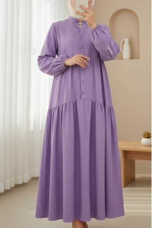 Half-Buttoned Cotton Ayrobin Dress with a Grandad Collar -Lilac