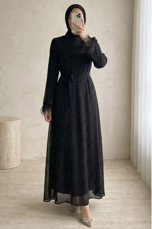 Belted Dress with Feathered Sleeves and Sprinkled Stone Details -Black