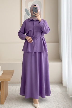 Top Düğmeli Kemerli Etekli Ayrobin Takım  -Mor