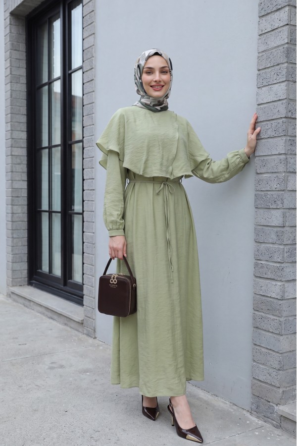 Lined Tulle Modal Dress with Cape Detail Neckline and Belt -Cagla Green