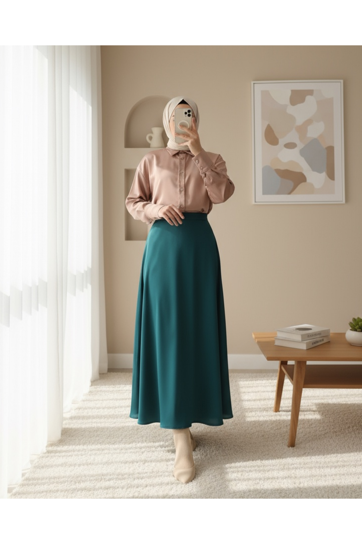 Lined Satin Flared Skirt -Emerald
