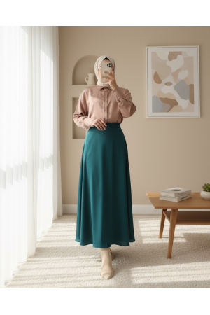 İçi Astarlı Saten Kloş Etek -Zümrüt