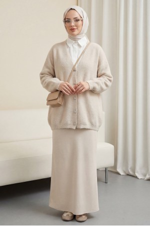 Buttoned Front Bearded Casual Knit Cardigan     -Stone