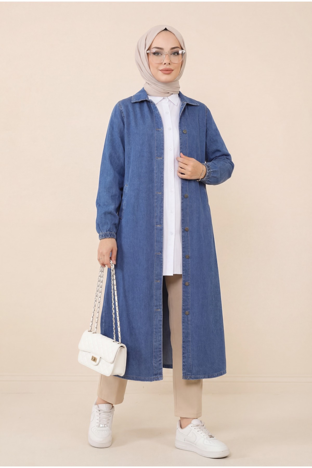 Denim Cap with Elastic Sleeves and Buttons    -Saxe 
