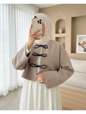 Önü Bağcıklı Kaşe Ceket -Vizon