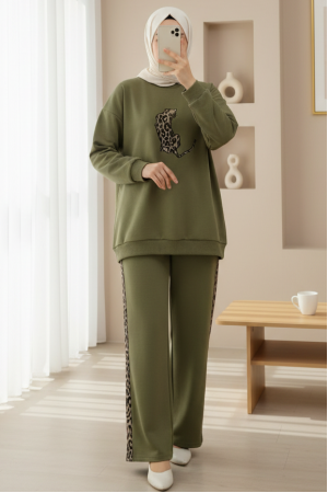 Leopar Figürlü Ve Desenli Pantolonlu Scuba Takım  -Zeytin