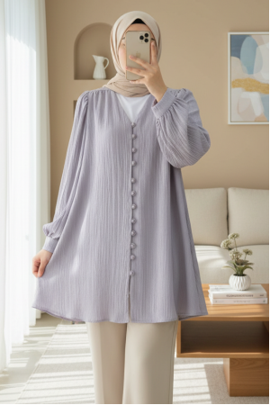 Top Düğmeli V Yaka Krinkıl Gömlek -Gri