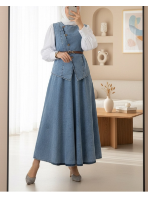 Çapraz Düğmeli Kemerli Yelek Etek Kot Takım -Buz Mavi