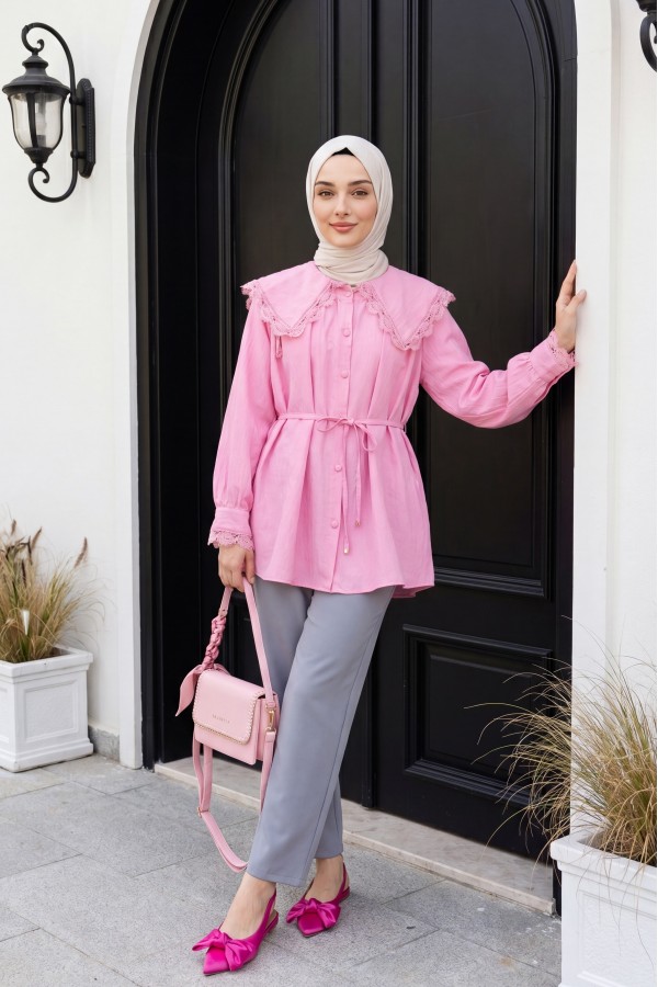 Beli Bağcıklı Dar Paça Pantolon    -Füme