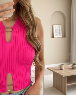 Metal Detaylı Sıfır Kol Fitilli Triko Crop Atlet -Fuşya