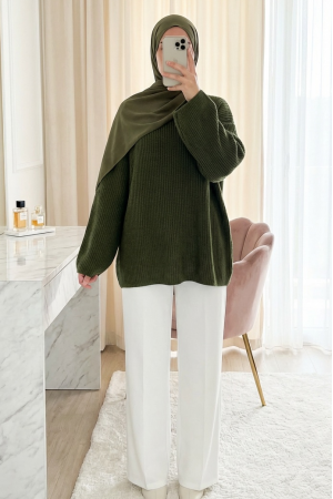 Round Neck Loose Knit Sweater -Khaki