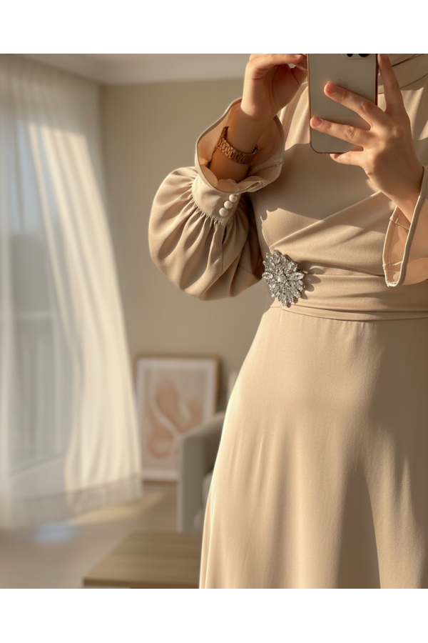 Satin Dress with Ruffled Cuffs and Stone Detail on the Front - Beige