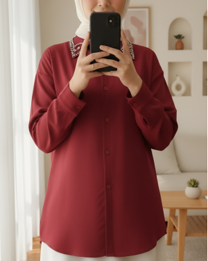 Casual Shirt with Stone Detailed Buttons on the Collar -Maroon