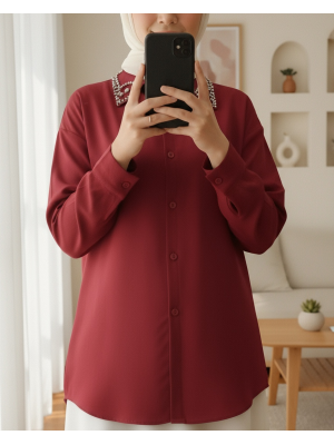 Yakası Taş Detaylı Düğmeli Salaş Gömlek -Bordo
