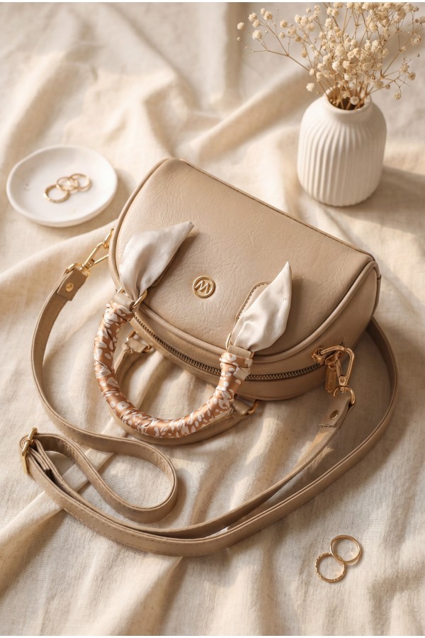Long-Strap Zippered Bag with Scarf Detail -Mink color
