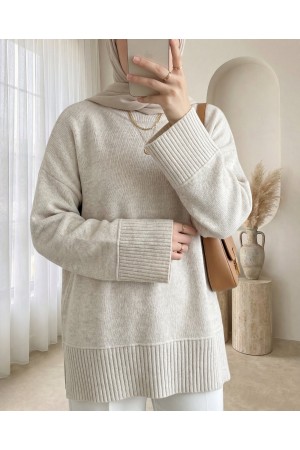 Etek Ucu ve Kol Manşeti Fitilli Yuvarlak Yaka Yırtmaçlı Triko Tunik -Taş