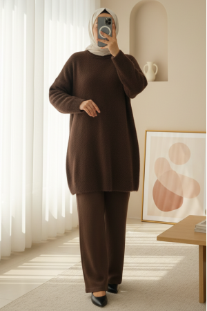 Sakallı Uzun Salaş Triko Tunik -Kahve