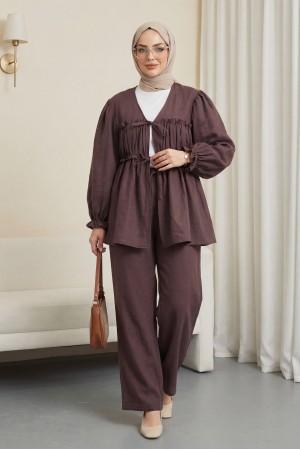 Önü Bağcıklı Büzgülü Kolu Lastikli Modal Takım  -Mürdüm