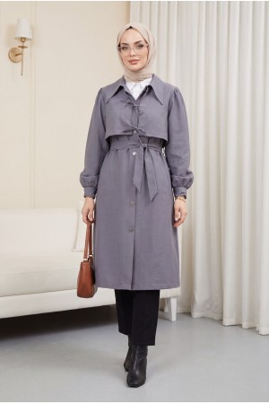 Önü Bağlama Detaylı Düğmeli Cepli Trençkot -Füme