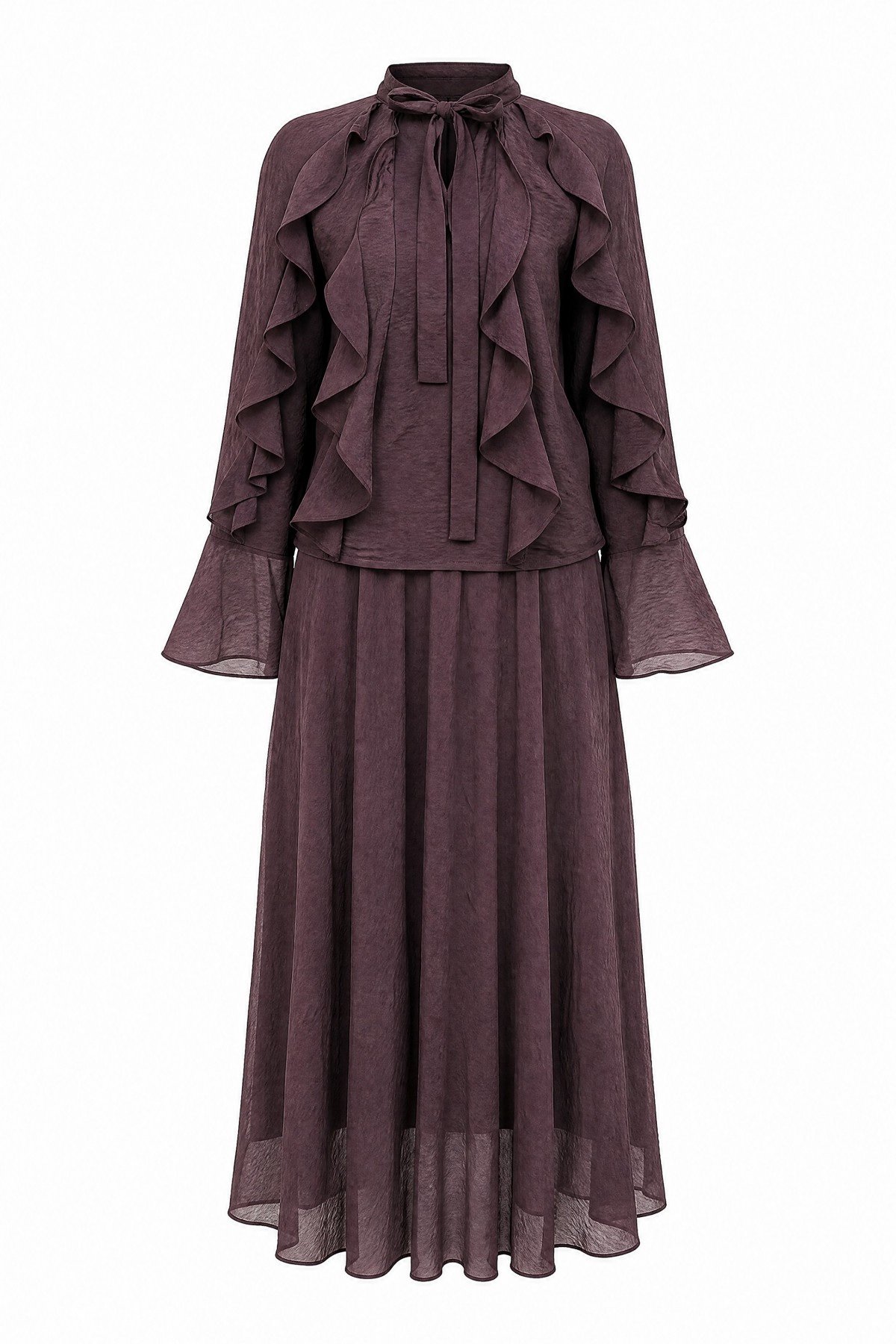Lace-up Neckline, Ruffled Front, Lined Tulle Modal Set -Damson