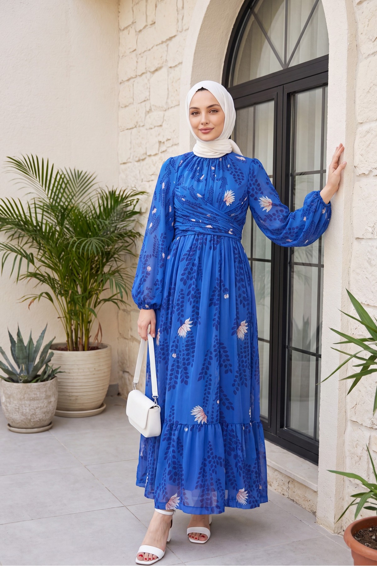 Gathered at Waist and Neck, Balloon Sleeve Lined Chiffon Dress  -Saxe 