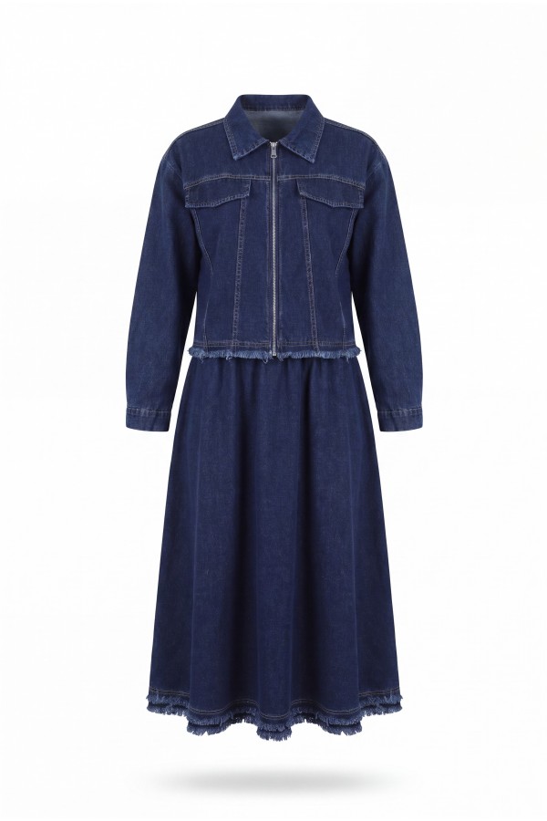Denim suit with tassel detail, front zipper, and pocket detail. -Navy blue
