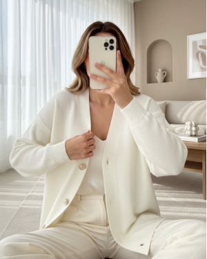 V Yaka Düğmeli Oversize Triko Hırka  -Krem