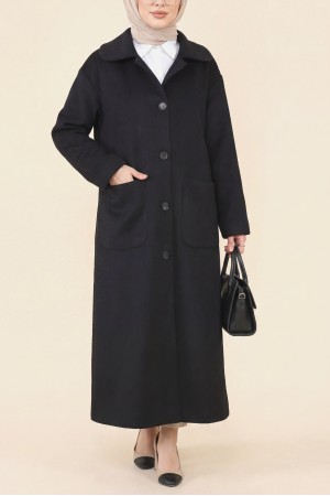 Boydan Düğmeli Cepli Kaban -Siyah