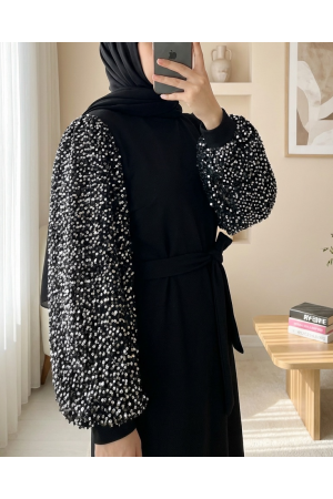 فستان من قماش الكريب الليكرا المستورد بأكمام وحزام مزينين بالترتر -فضة