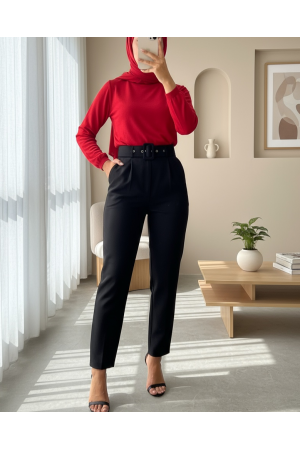 Thick Belted Fabric Trousers  -Black