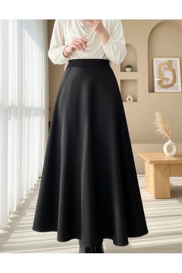 Loose Flared Scuba Puff Skirt -Black