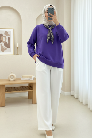 Fularlı Leopar Armalı 3 İplik Sweat  -Mor