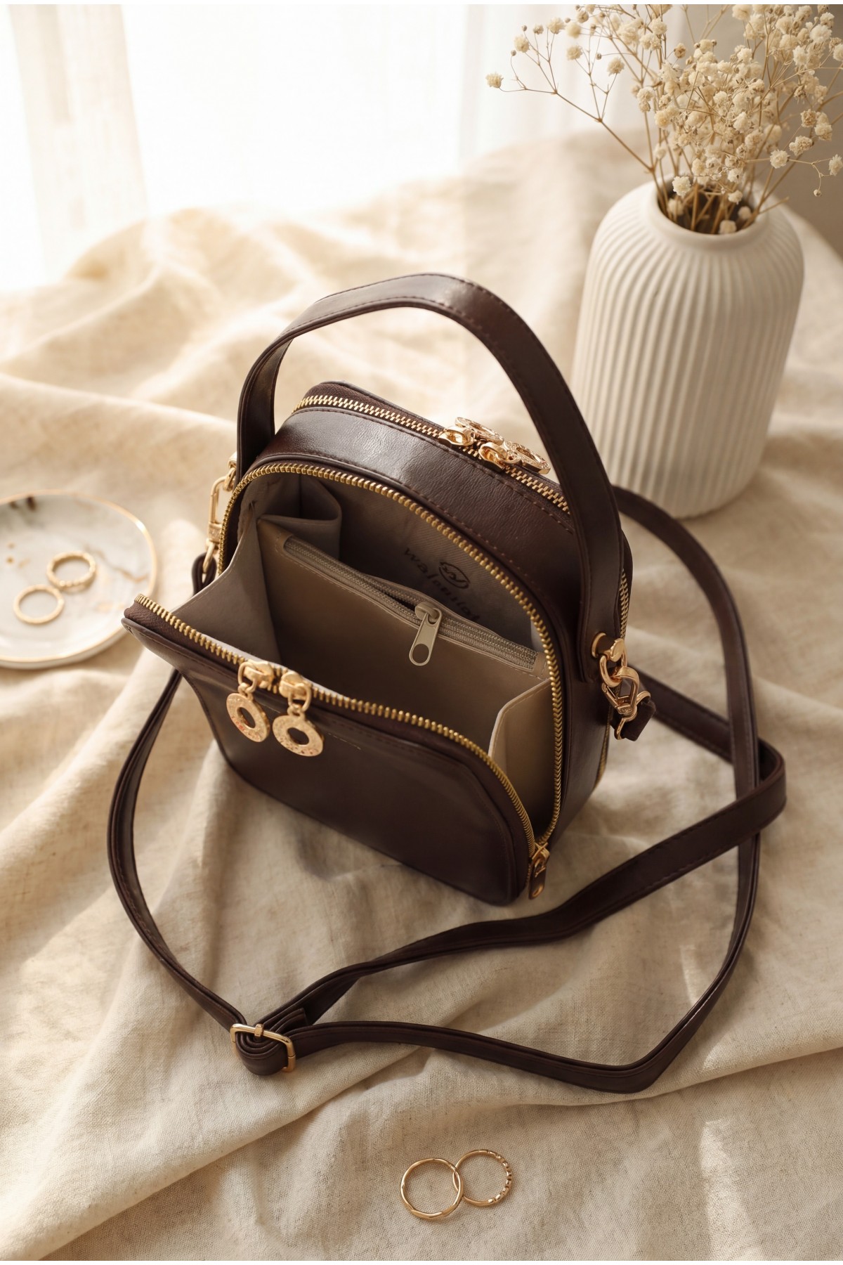 Square Design Functional Mini Shoulder Bag -Dark Coffee