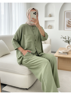 Çift Cepli Yarım Yarasa Kol Salaş Gömlek Takım  -Haki